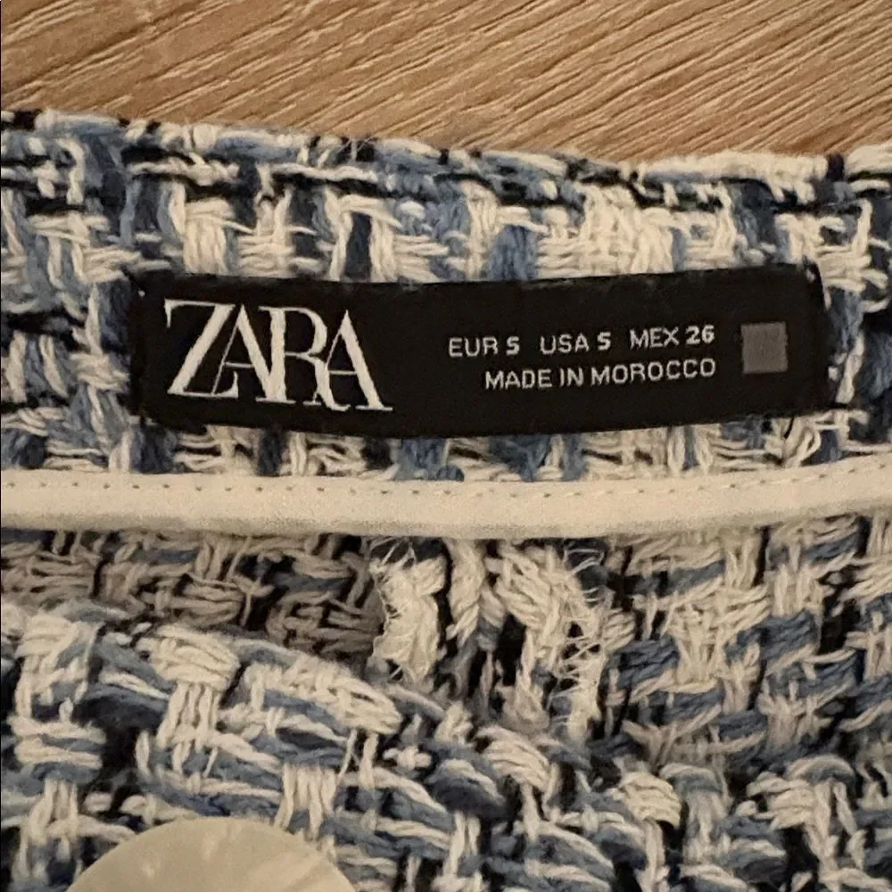 ZARA Textured Tweed Shorts Skort High Waist Blue White Buttons